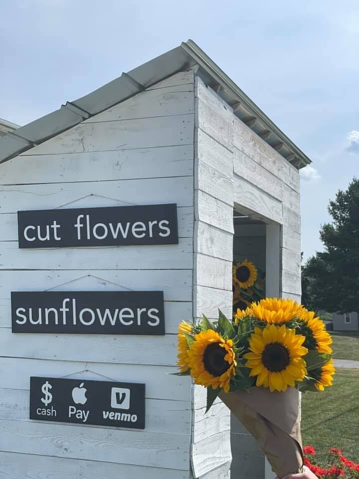 The Heartspring roadside flower stand with hand-painted cut flowers and sunflowers signs